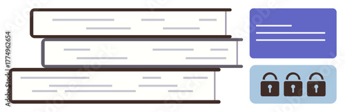Stack of books beside a purple tab element and three locked padlocks. Ideal for knowledge, education, privacy, digital protection, cybersecurity, data security, intellectual property. Simple flat