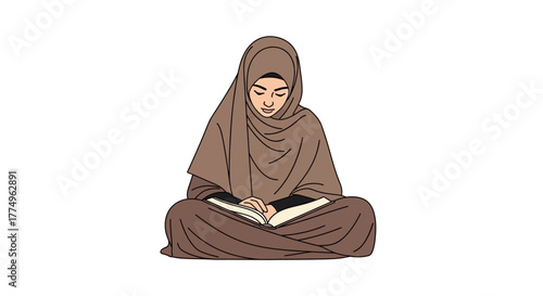 Serene illustration of a Muslim woman reading a book while sitting cross-legged, perfect for educational materials, religious studies, and cultural awareness campaigns.