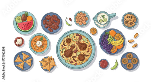 Festive Middle Eastern Feast Illustration Featuring Traditional Dishes and Vibrant Colors for Culinary Blogs and Restaurant Menus