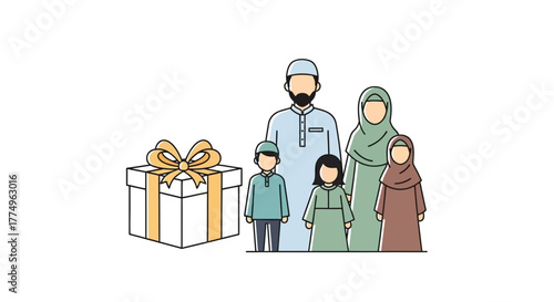Muslim family celebrating a holiday with a gift box, showcasing family values, cultural traditions, and the joy of togetherness and giving in a minimalist style.
