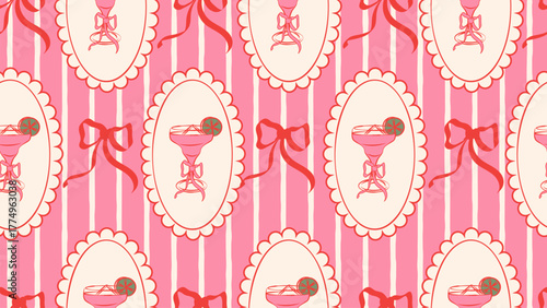 Seamless pink pattern with vintage cocktail glasses, lime slices, ribbons, and striped background, creating a cute retro vibe perfect for party decor or summer event design.
