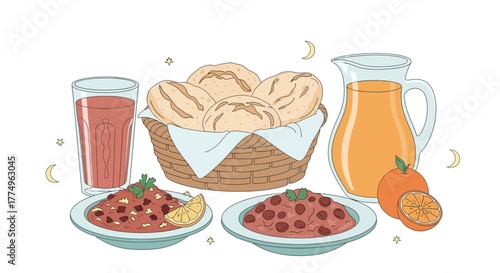 Charming food illustration showcasing a delightful breakfast scene with bread, juice, and dishes, ideal for culinary or dietary content
