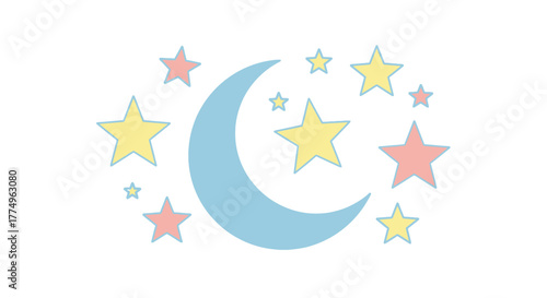 Pastel Moon and Stars Illustration for Children's Decor, Nursery Art, and Dreamy Design Projects, Perfect for Baby Showers and Kids' Room Decorations.