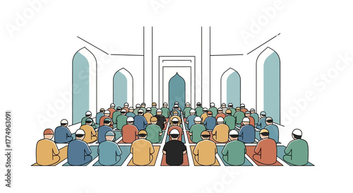 Illustrative depiction of Muslims engaged in prayer inside a mosque, conveying religious devotion and cultural tradition for educational and informational content.