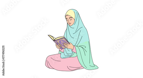 Serene depiction of a Muslim woman deeply engrossed in reading the Quran while seated. Ideal for illustrating Islamic culture, religious education, or promoting interfaith understanding.