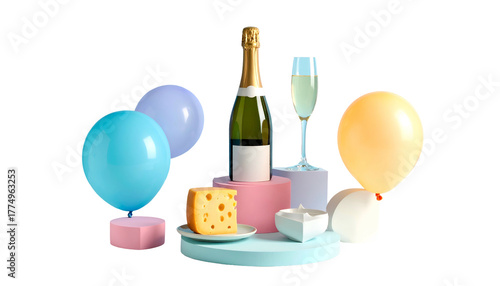 Champagne bottle, balloon cluster, and treats on pedestals for celebration