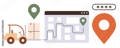 Forklift loading boxes, map with delivery route, geolocation indicators, and secure input field. Ideal for logistics, supply chain, delivery service, warehouse, transportation e-commerce and route