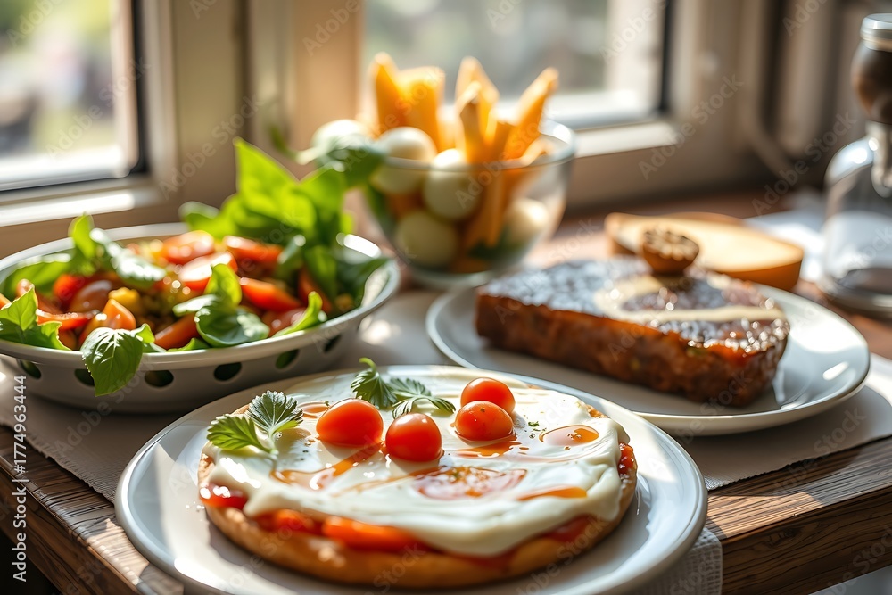 Fototapeta premium Generative AI delicious food spread and fresh salad with steak.