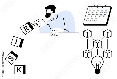 Man rearranging blocks labeled Risk, blockchain network with lightbulb, and a calendar for planning. Ideal for risk management, innovation, problem-solving, blockchain, strategy, creativity