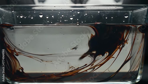 Macro Close-Up Abstract Image of Dark Paint Creating Swirling Shapes as it Mixes in