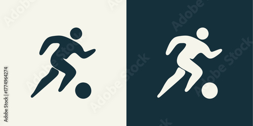 Minimalist soccer player logo design showing a dynamic footballer in motion on modern color background