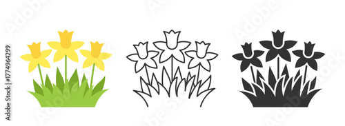 Daffodil flowers in grass colorful flat, black line silhouette icon. Yellow spring flower, simple floral outline black sign. Minimal nature bloom botanical symbol set close up front view. DIY stamp