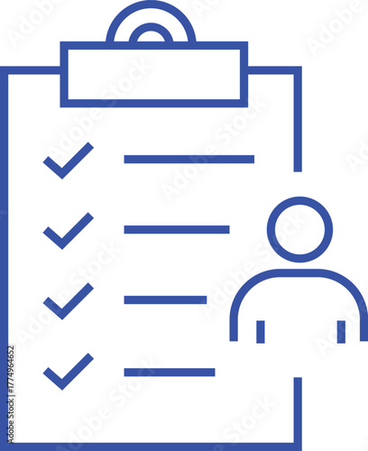 Simple blue outline icon of a clipboard with a checklist and a person silhouette representing tasks and personal organization