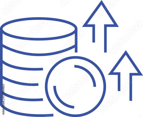 Stack of coins with upward pointing arrows symbolizing financial growth and increasing wealth