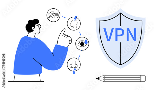 Man pointing at sensory icons representing touch, smell, hearing, and sight, with a VPN shield, pencil nearby. Ideal for cybersecurity, online privacy, protection safety awareness sensory data