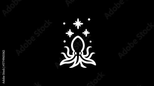 Minimalist white line art octopus with sparkling stars illustration on a dark black background, cosmic sea creature design