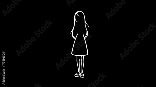 Minimalist line art drawing of a woman standing from behind, monochrome graphic illustration, simple digital art, elegant female silhouette.