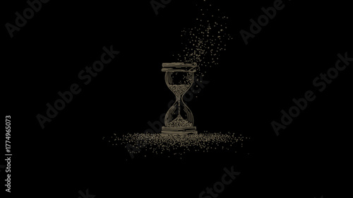 Conceptual hourglass disintegrating into sand particles on a dark background, symbolizing passing time, decay, and impermanence.