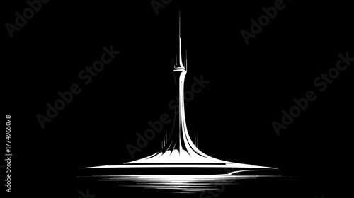 Sleek modern architectural silhouette with a towering spire and reflective base in dramatic black and white. Minimalist design concept.