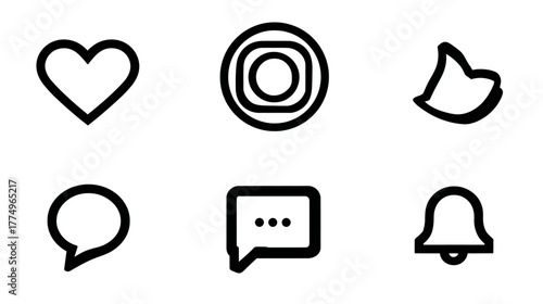 Social media engagement icon set: like, camera, save, message, chat, notification bell. Outline digital interaction symbols.