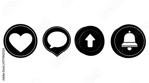 Set of black and white social media interaction icons: like heart, comment speech bubble, share arrow, and notification bell for digital engagement.