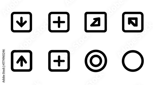 Modern minimal black outline UI UX icons set. Vector elements for web design, app interface: download, upload, add, expand, collapse, select, option.