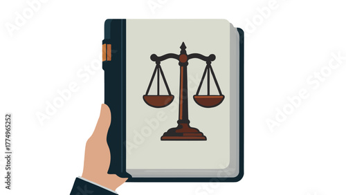 Stylized Hand Holding Law Book with Scales of Justice Illustration	