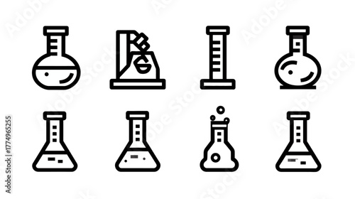 Science Lab Glassware Icons Set. Chemical Experiment, Research, and Education Equipment Vector Line Art Symbols.