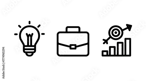Business strategy and success concept line icons. Creative idea lightbulb, professional briefcase, and target goal achievement growth chart.