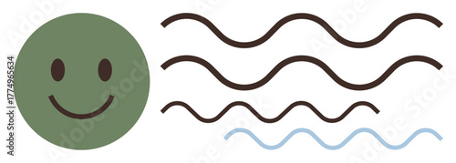 Green happy face paired with black and blue wavy lines suggesting positivity, calm, and balance. Ideal for mental health, well-being, mindfulness, positivity, relaxation, simplicity and minimalistic