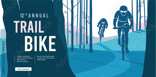 Premium editable vector file trail bike sport with beautiful forest scene in the background best for your digital design and print mockup