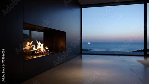 Modern minimalist living room with a cozy fireplace overlooking a serene ocean sunset Luxury coastal home interior with burning flames creating a tranqui