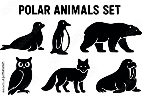 Polar animals set vector with seal penguin polar bear owl fox and walrus silhouettes for wildlife design