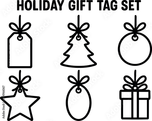 Holiday gift tag set with bow decoration and festive shapes including star tree and present vector illustration