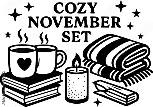 Cozy November set with warm mugs, books, candle, and blanket for relaxing autumn atmosphere