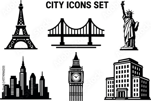 City icons set featuring Eiffel Tower, Golden Gate Bridge, Statue of Liberty, New York skyline, Big Ben, and urban buildings vector collection