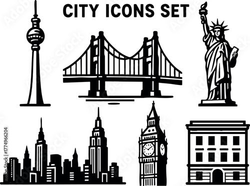 City icons set with famous landmarks including statue of liberty bridge skyline big ben tower vector design