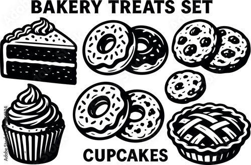 Bakery treats set with cupcakes cookies donuts pie and cake vector illustration black and white design