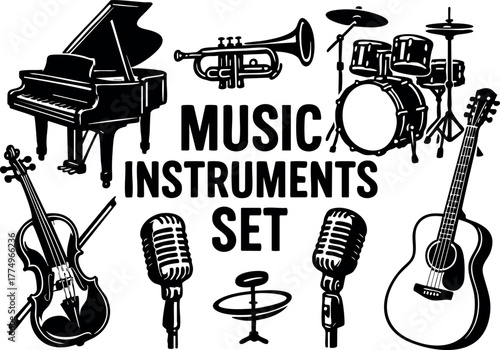 Music instruments set with piano violin guitar drums trumpet microphones cymbals vector illustration