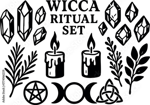 Wicca ritual set with crystals candles and pagan symbols for spiritual practices and witchcraft design vector