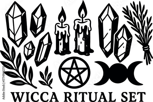 Wicca ritual set with candles crystals pentagram and herbs for spiritual magic practice vector design
