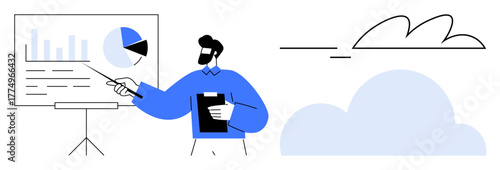 Man with clipboard points to charts on board with pie and bar graphs. Ideal for business, data, presentation, cloud computing, education, strategy, analytics. Clean simple flat metaphor