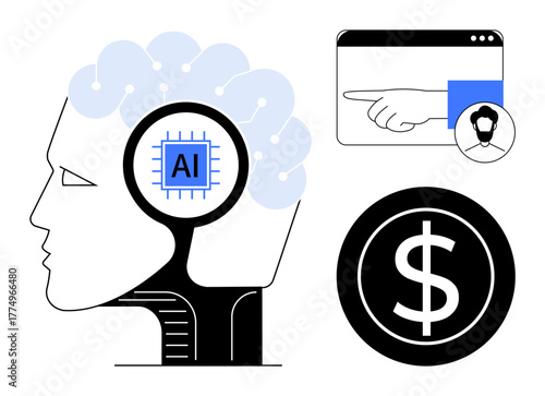 Human profile with AI chip, dollar symbol, pointer in a browser frame. Ideal for AI integration, technology, finance, innovation, decision-making, digital transformation simple flat metaphor
