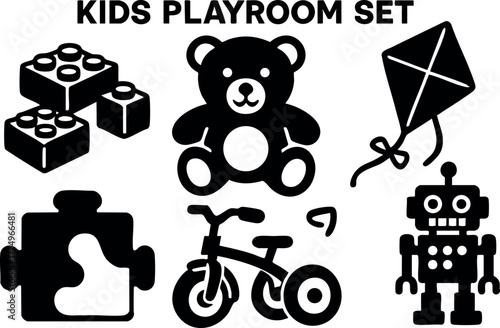 Kids playroom set of toy icons including bear, kite, puzzle, robot, bicycle, building blocks vector illustration