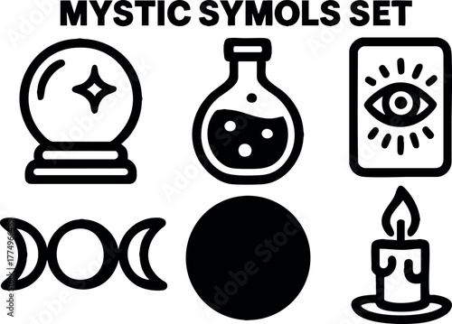 Mystic symbols set with crystal ball potion bottle tarot card phases candle flame vector icons for spiritual design