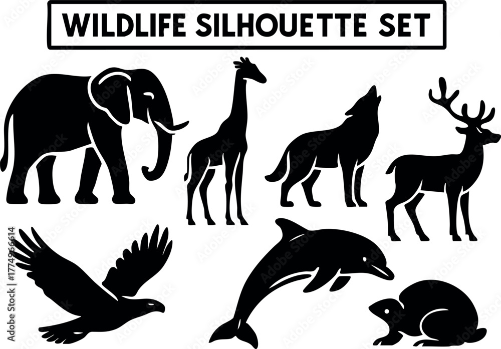 Obraz premium Wildlife silhouette set featuring elephant giraffe wolf deer eagle dolphin turtle collection vector illustration