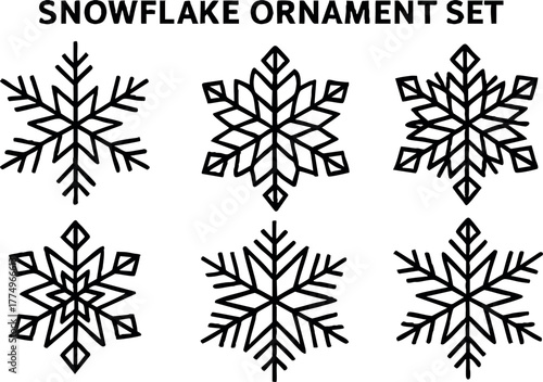 Snowflake ornament set vector with six unique black snowflake designs for winter decoration and holiday theme