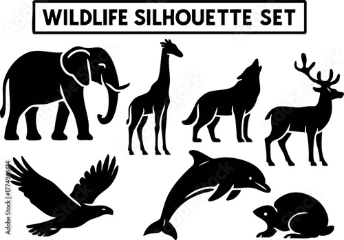 Wildlife silhouette set featuring elephant giraffe wolf deer eagle dolphin turtle collection vector illustration