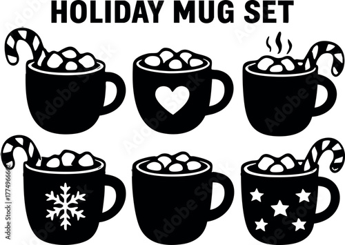 Holiday mug set with candy canes marshmallows and festive patterns vector illustration collection