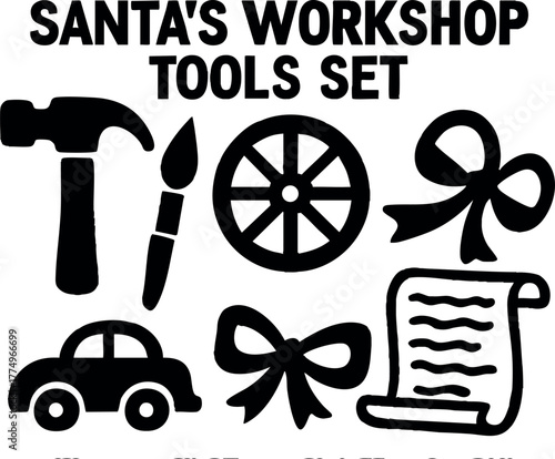 Santas workshop tools set with hammer paintbrush wheel bow car and scroll holiday crafting vector illustration
